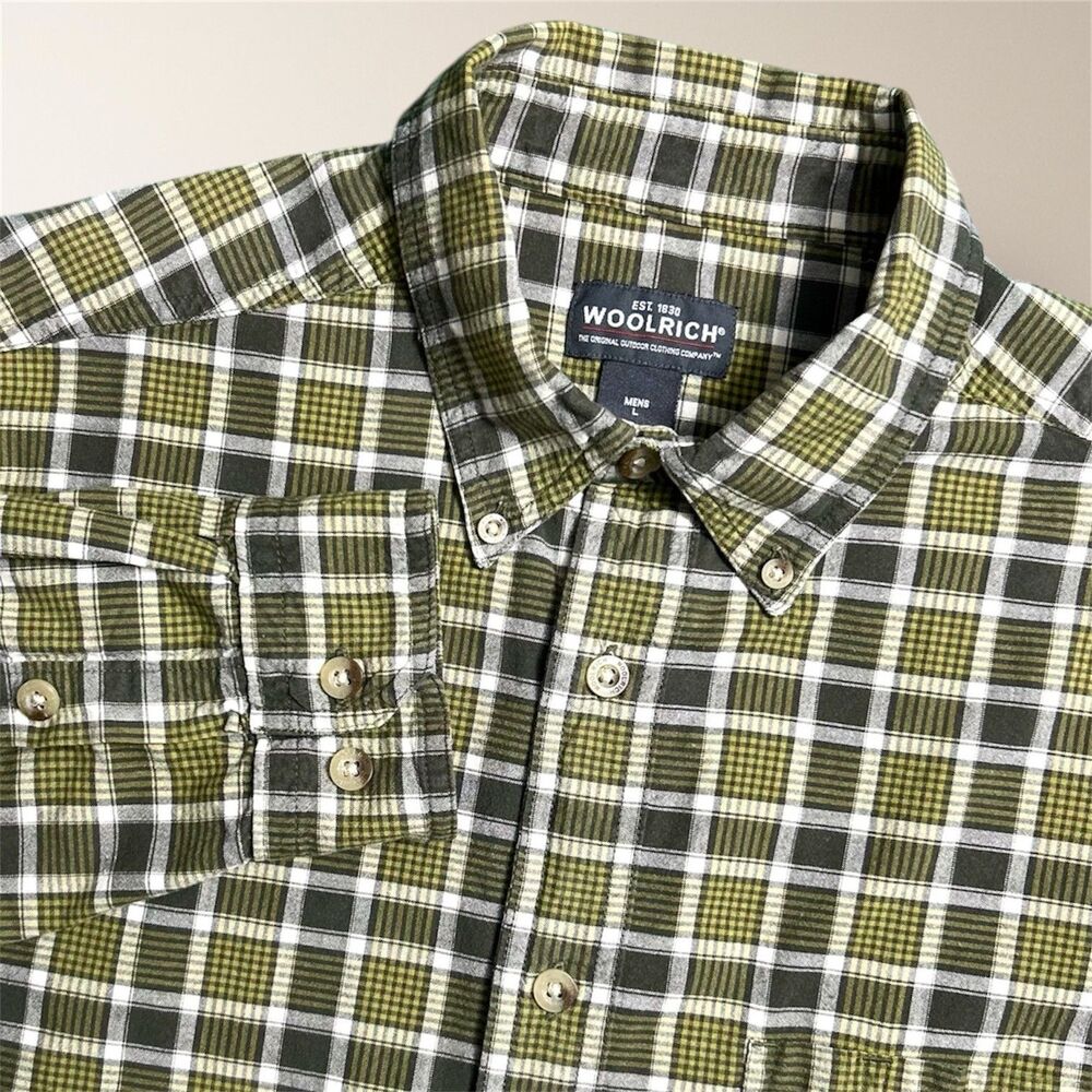 Woolrich Men's L Green Gingham Check Button Down Shirt Cotton Preppy Outdoors‎